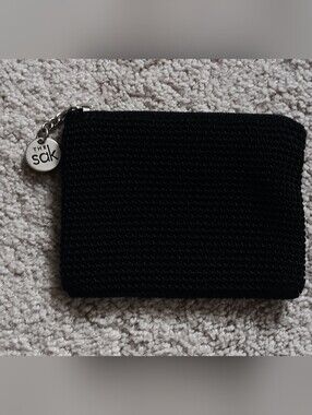 The Sak Black Hand Crochet Coin Purse Zip Pouch Key Ring Charm - Small Wallet